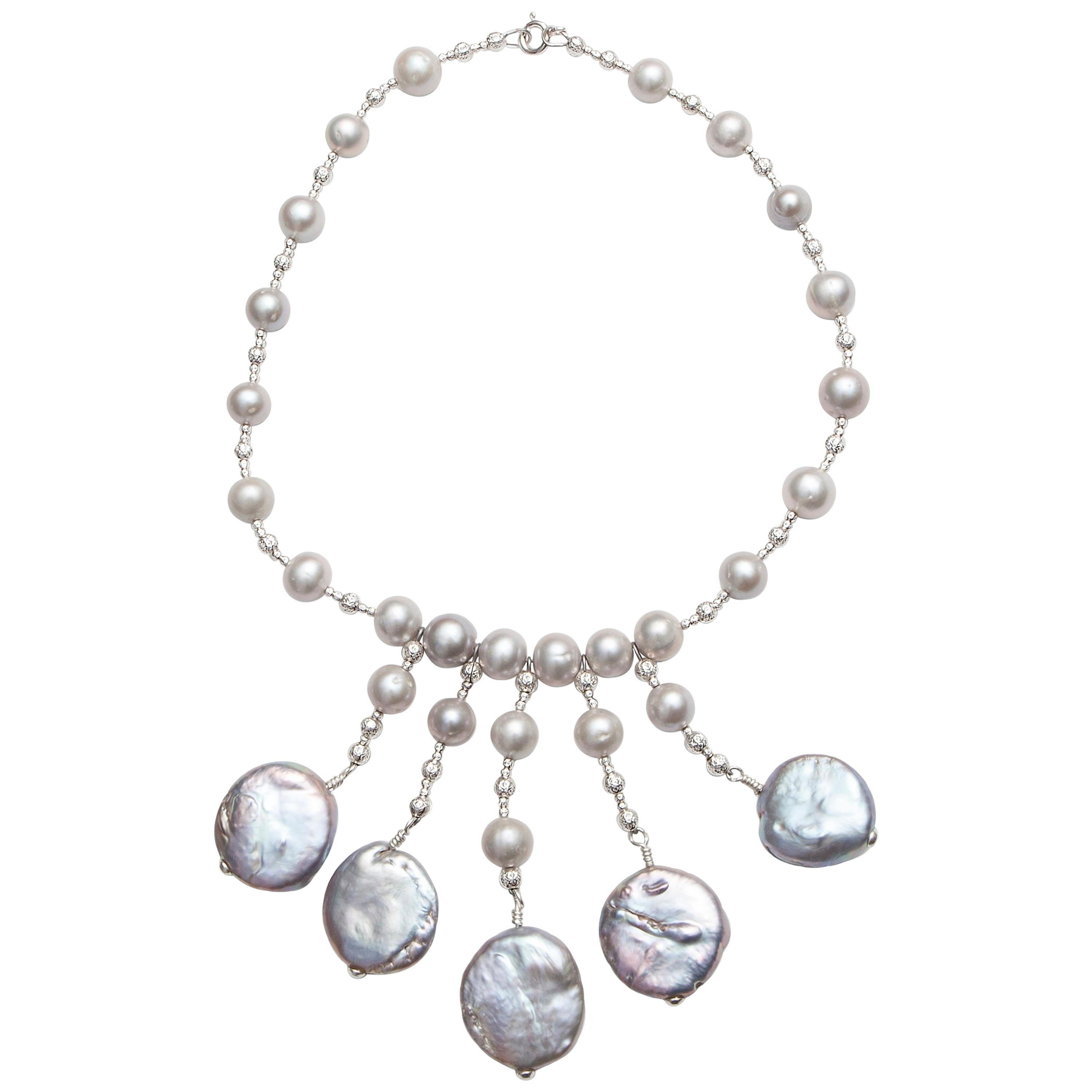 Grey Pearl Necklace with Five-Coin Pearl Drops and Diamond Cut Silver Beads For Sale