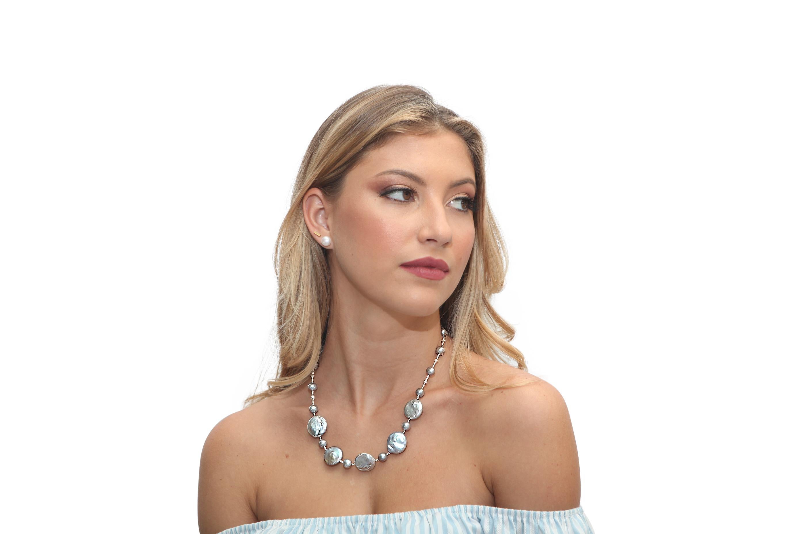 Freshwater Grey Pearl Necklace with 16 Semi-Round Grey Pearls Measuring 8.5-9mm Each and 5 Central Coin Pearls Measuring 20mm Each. Beautifully Spaced with Sterling Silver Diamond Cut Beads.