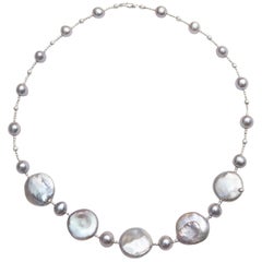 Grey Pearl Necklace with Five-Coin Pearls and Diamond Cut Beads