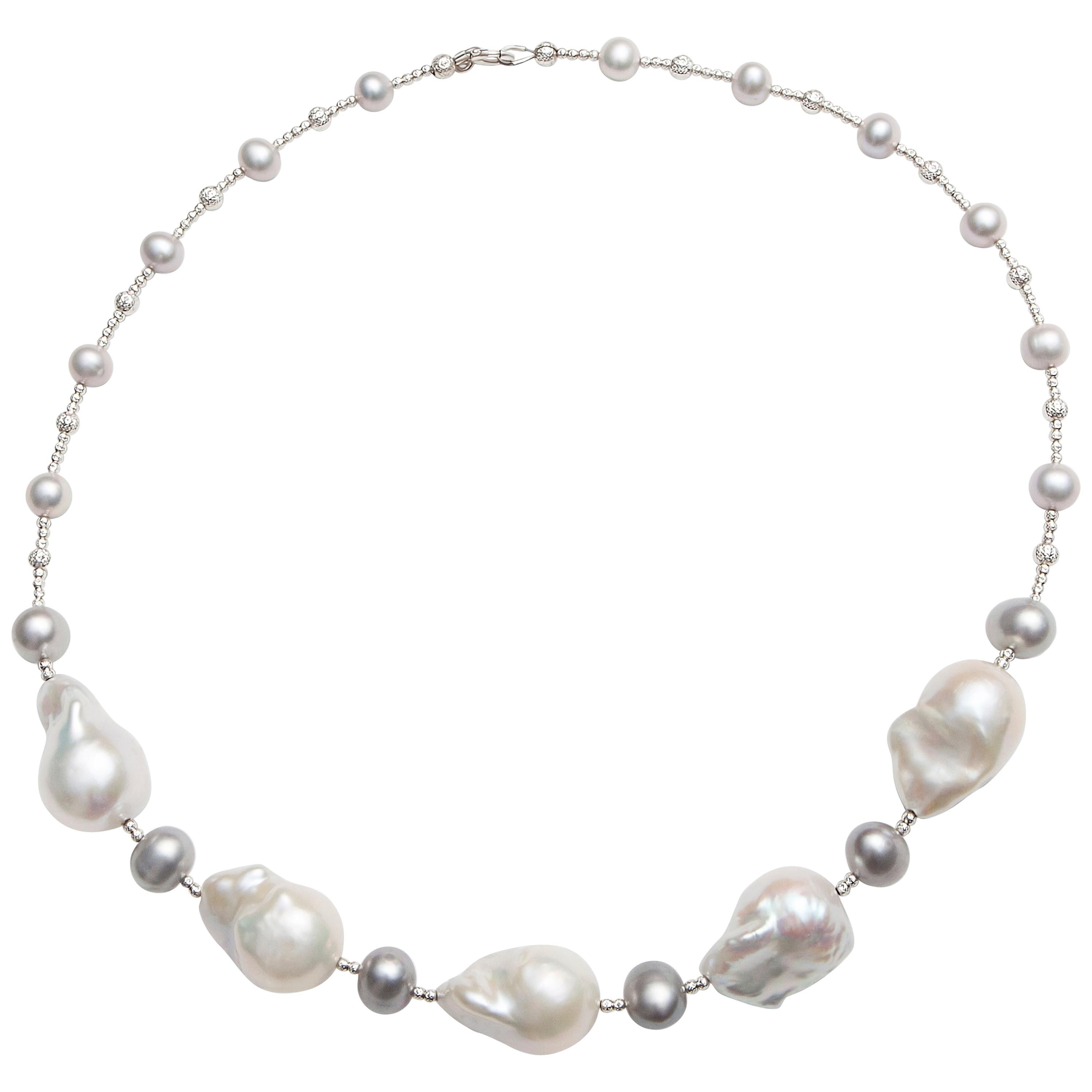 Grey Pearl Necklace with Five White Baroque Pearls and Diamond Cut Beads For Sale