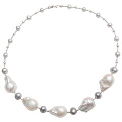 Grey Pearl Necklace with Five White Baroque Pearls and Diamond Cut Beads