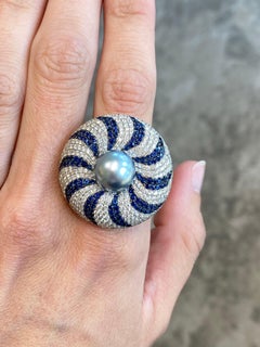 Grey Pearl, Sapphire and Diamond Cocktail Ring in 18KT White Gold