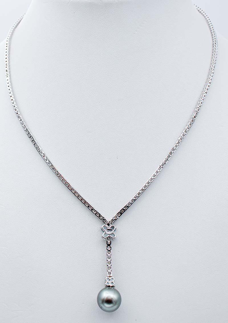 Retro Grey Pearl, Diamonds, Aquamarine, 14 Karat White Gold Tennis Necklace