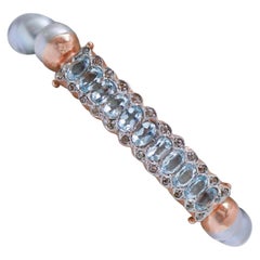 Grey Pearls, Aquamarine Colour Topaz, Diamonds, Rose Gold and Silver Bracelet.