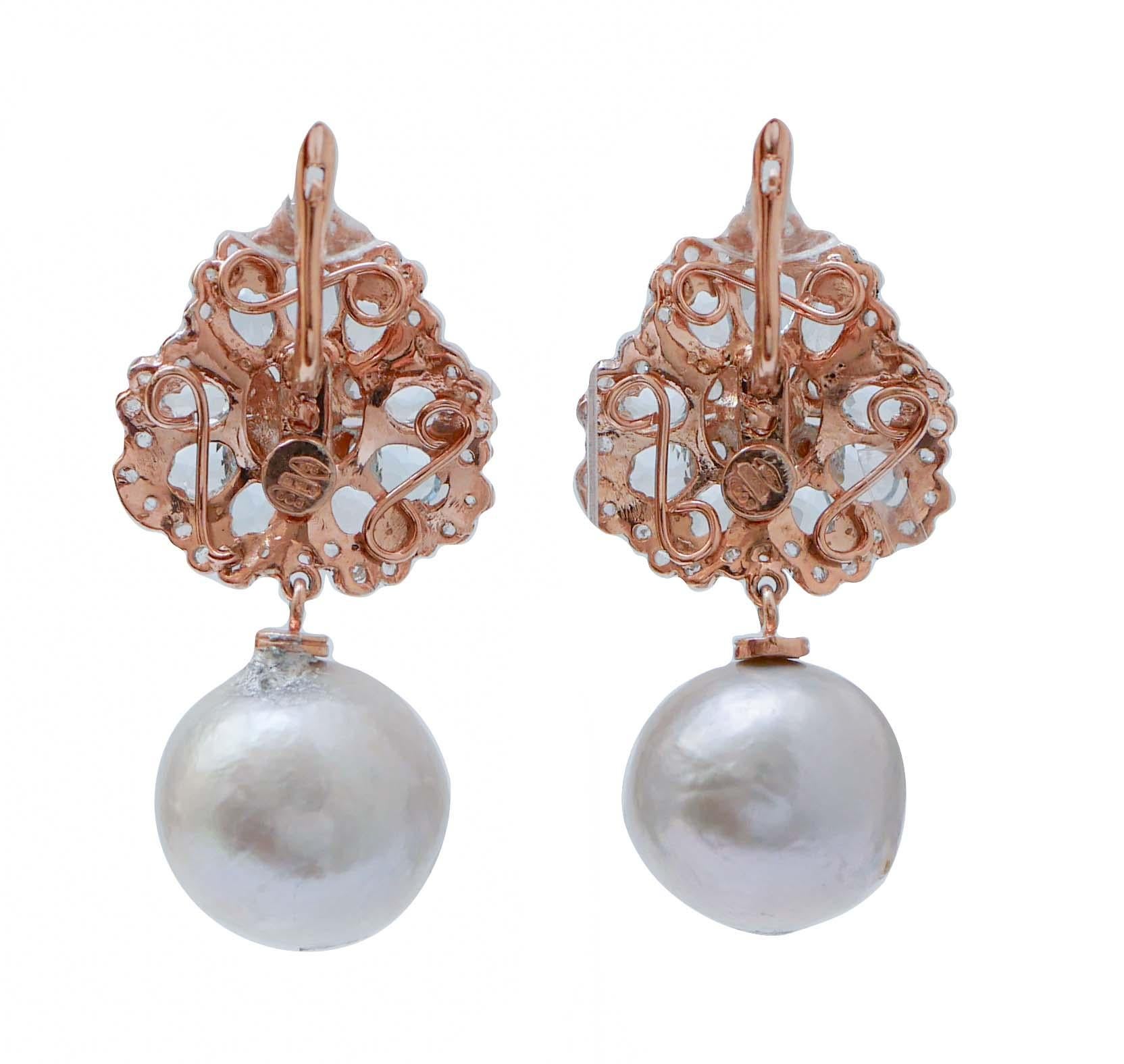 Retro Grey Pearls, Aquamarine Colour Topazs, Diamonds, Rose Gold and Silver Earrings