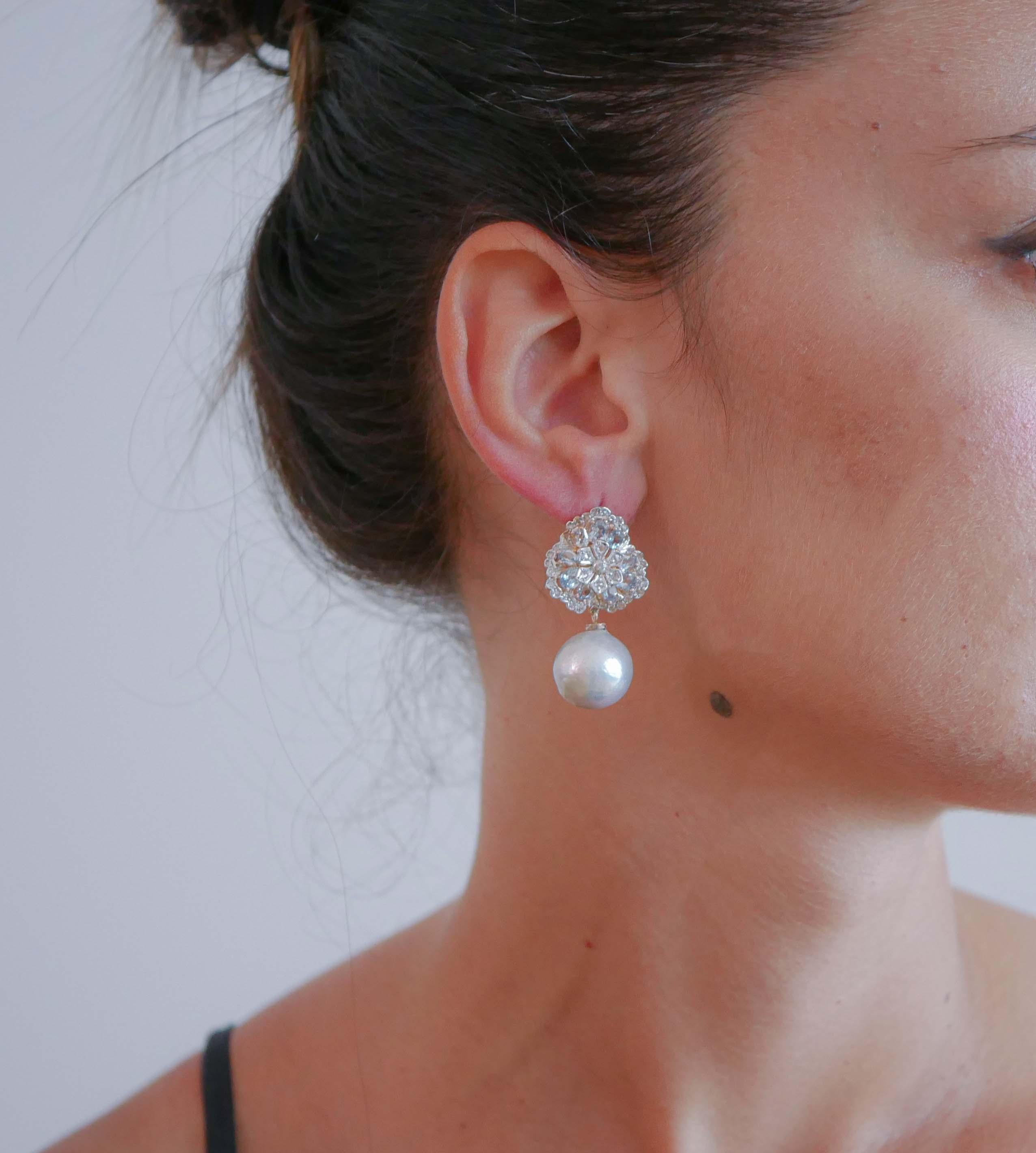Mixed Cut Grey Pearls, Aquamarine Colour Topazs, Diamonds, Rose Gold and Silver Earrings