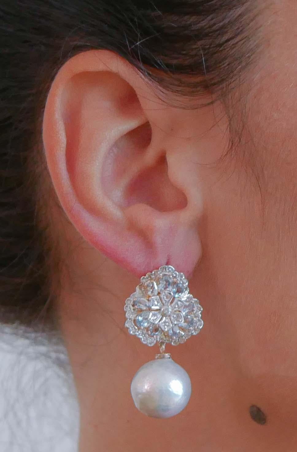 Grey Pearls, Aquamarine Colour Topazs, Diamonds, Rose Gold and Silver Earrings In Good Condition In Marcianise, Marcianise (CE)