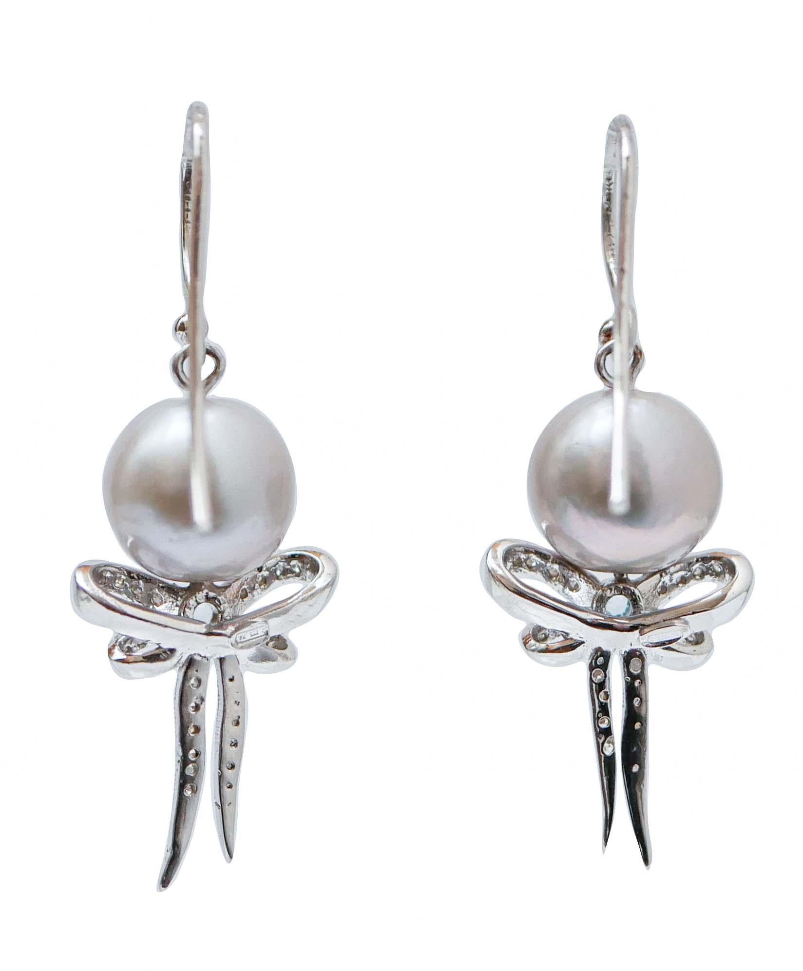 Retro Grey Pearls, Aquamarine Colour Topazs, Diamonds, White Gold Dangle Earrings. For Sale
