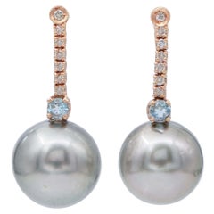 Vintage Grey Pearls, Aquamarine, Diamonds, 14 Karat Rose Gold Dangle Earrings