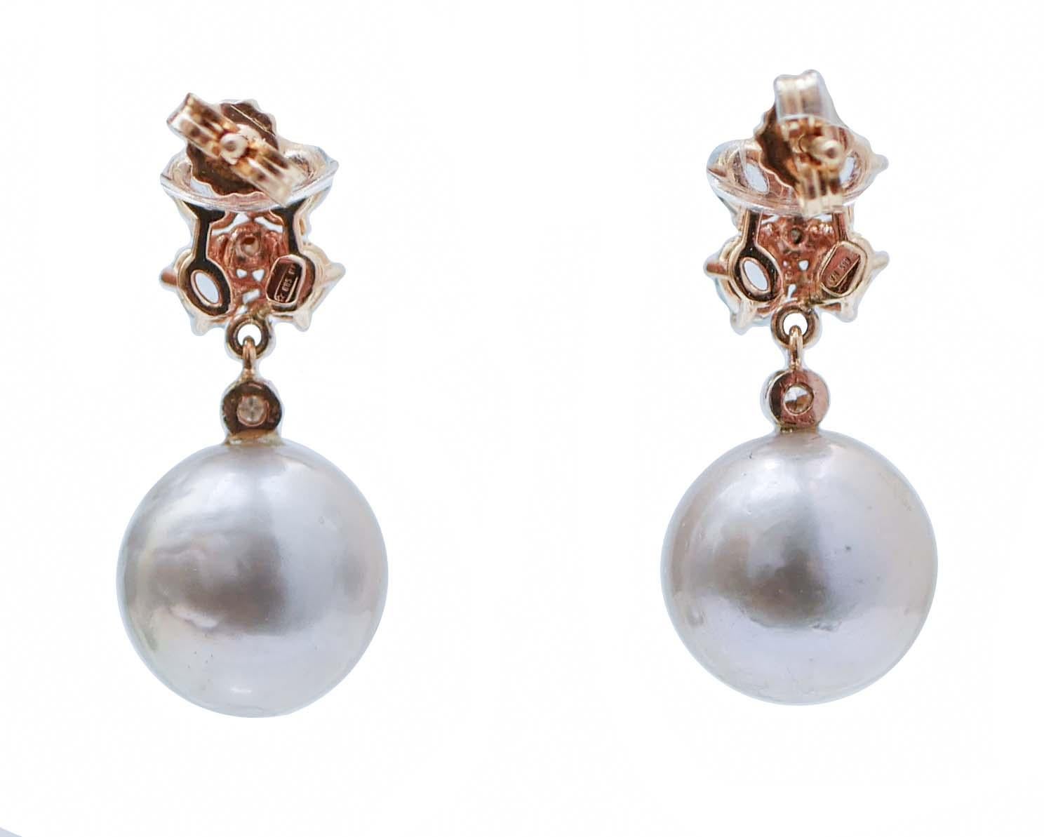 Retro Grey Pearls, Aquamarine, Diamonds, 14 Karat Rose Gold Earrings.