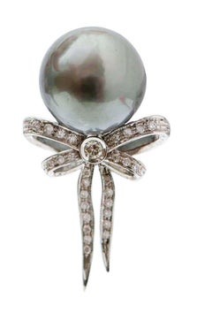 Grey Pearls, Diamonds, 14 Karat White  Gold Bow-Shaped Earrings