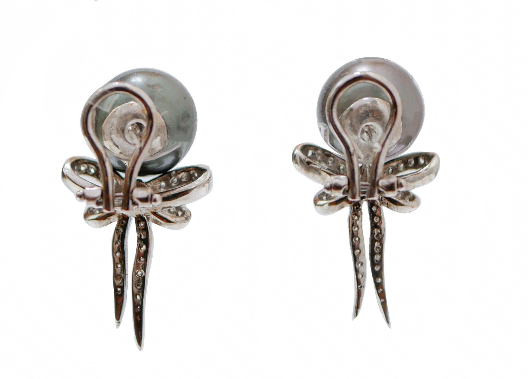 Graue Perlen, Diamanten, 14 Karat Weiß  Gold-Ohrringe in Form einer Schleife (Retro)
