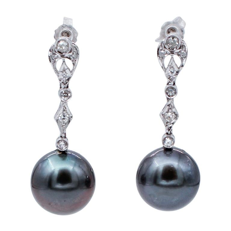 Grey Pearls, Diamonds, 14 Karat White Gold Dangle Earrings