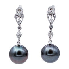 Grey Pearls, Diamonds, 14 Karat White Gold Dangle Earrings