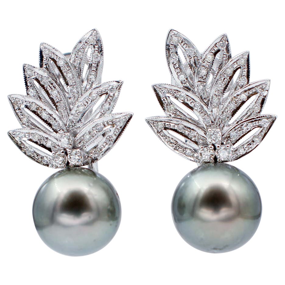 Boucles d'oreilles en or blanc 14 carats, perles grises et diamants