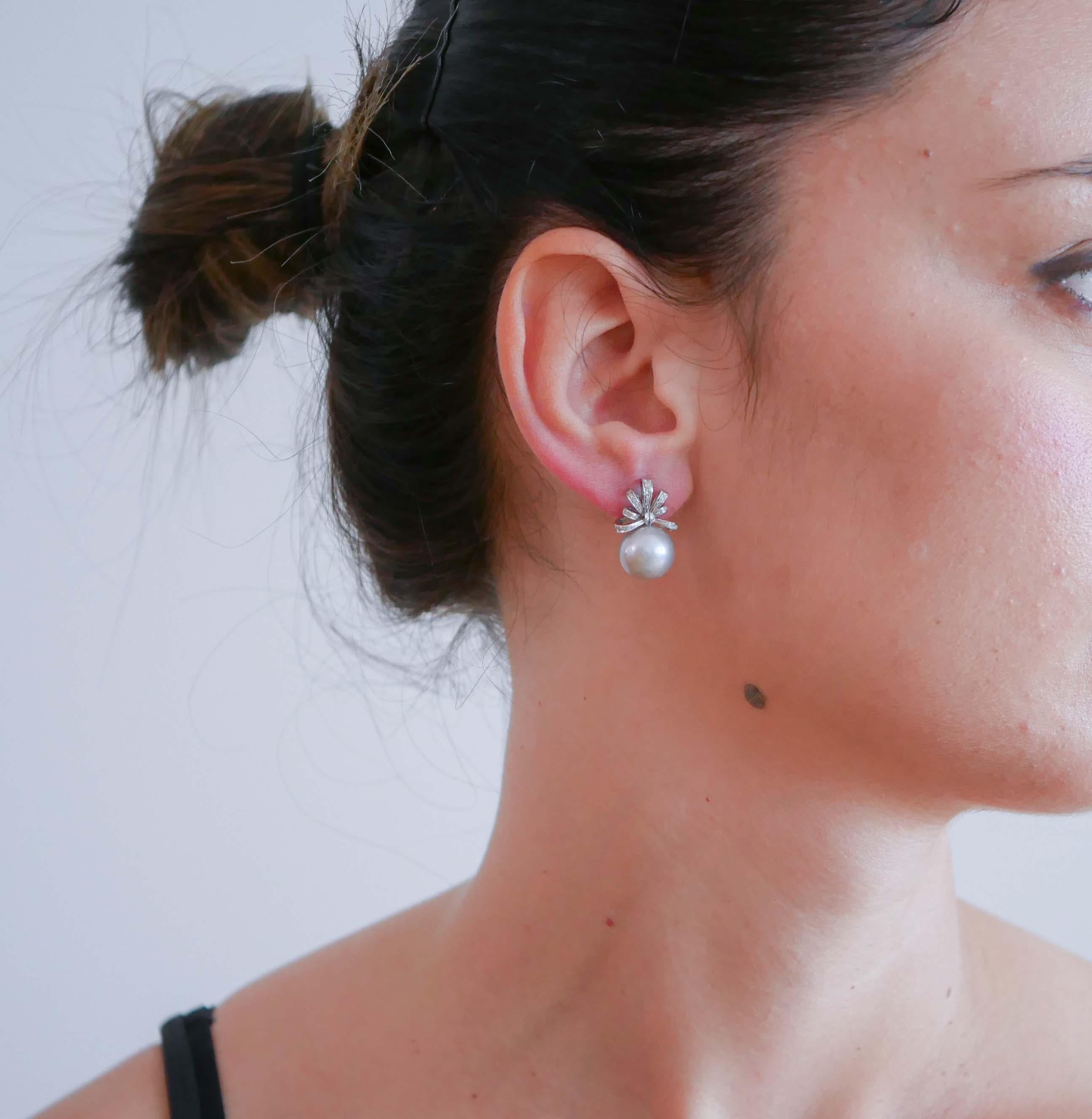 Taglio misto Perle grigie, diamanti, orecchini in oro bianco 14 Kt.
