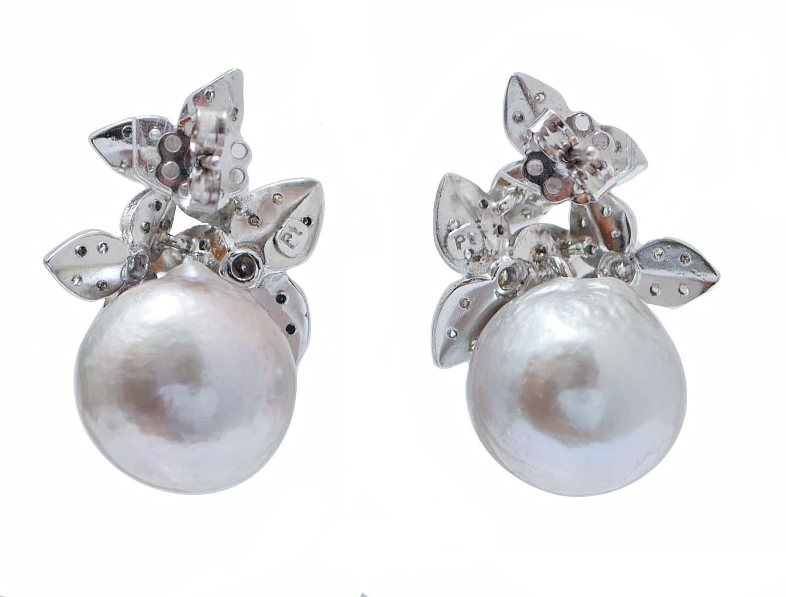 Retro Grey Pearls, Diamonds, Platinum Earrings. For Sale