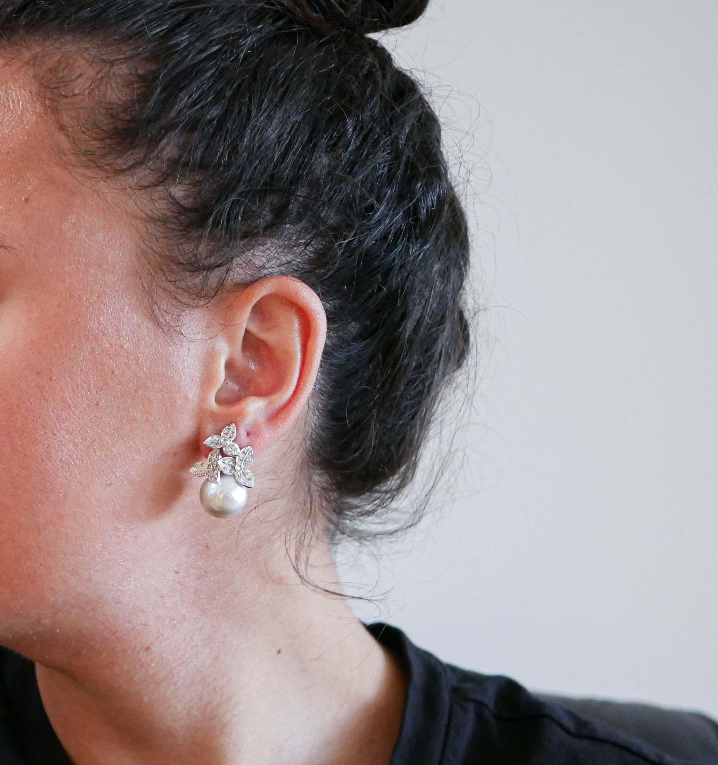 Mixed Cut Grey Pearls, Diamonds, Platinum Earrings.