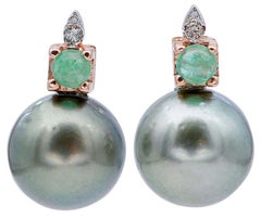 Grey Pearls, Emeralds, Diamonds, 14 Karat Rose and White Gold Earrings