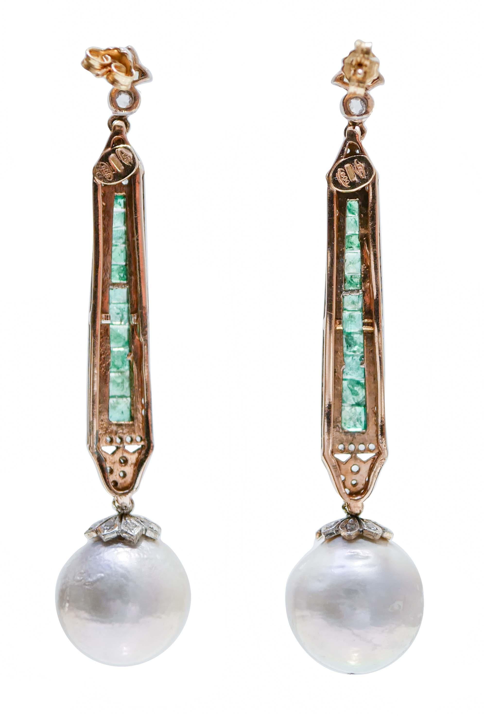 Retro Grey Pearls, Emeralds, Diamonds, 14 Karat Rose Gold and Silver Earrings. For Sale