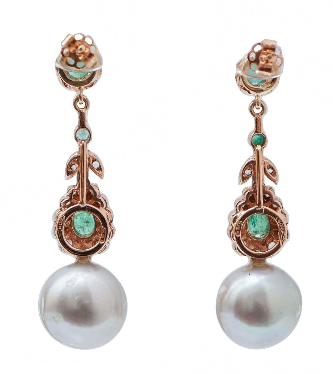 Retro Grey Pearls, Emeralds, Diamonds, Rose Gold and Silver Earrings.