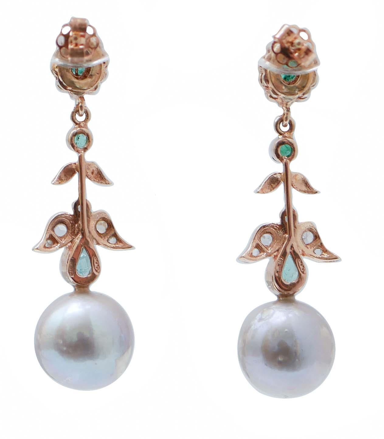 Retro Grey Pearls, Emeralds, Diamonds, Rose Gold and Silver Earrings. For Sale