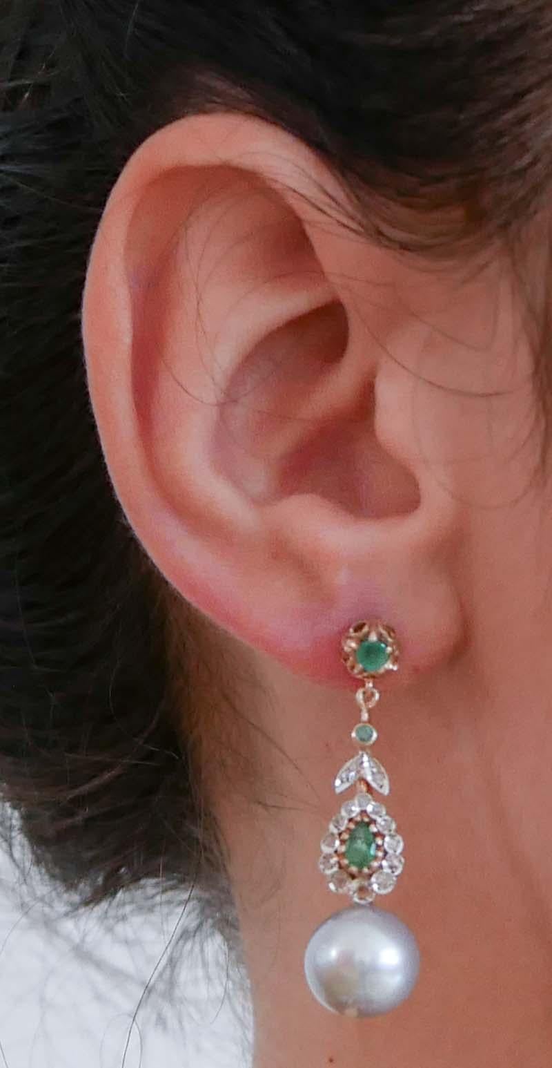 Grey Pearls, Emeralds, Diamonds, Rose Gold and Silver Earrings. In Good Condition In Marcianise, Marcianise (CE)