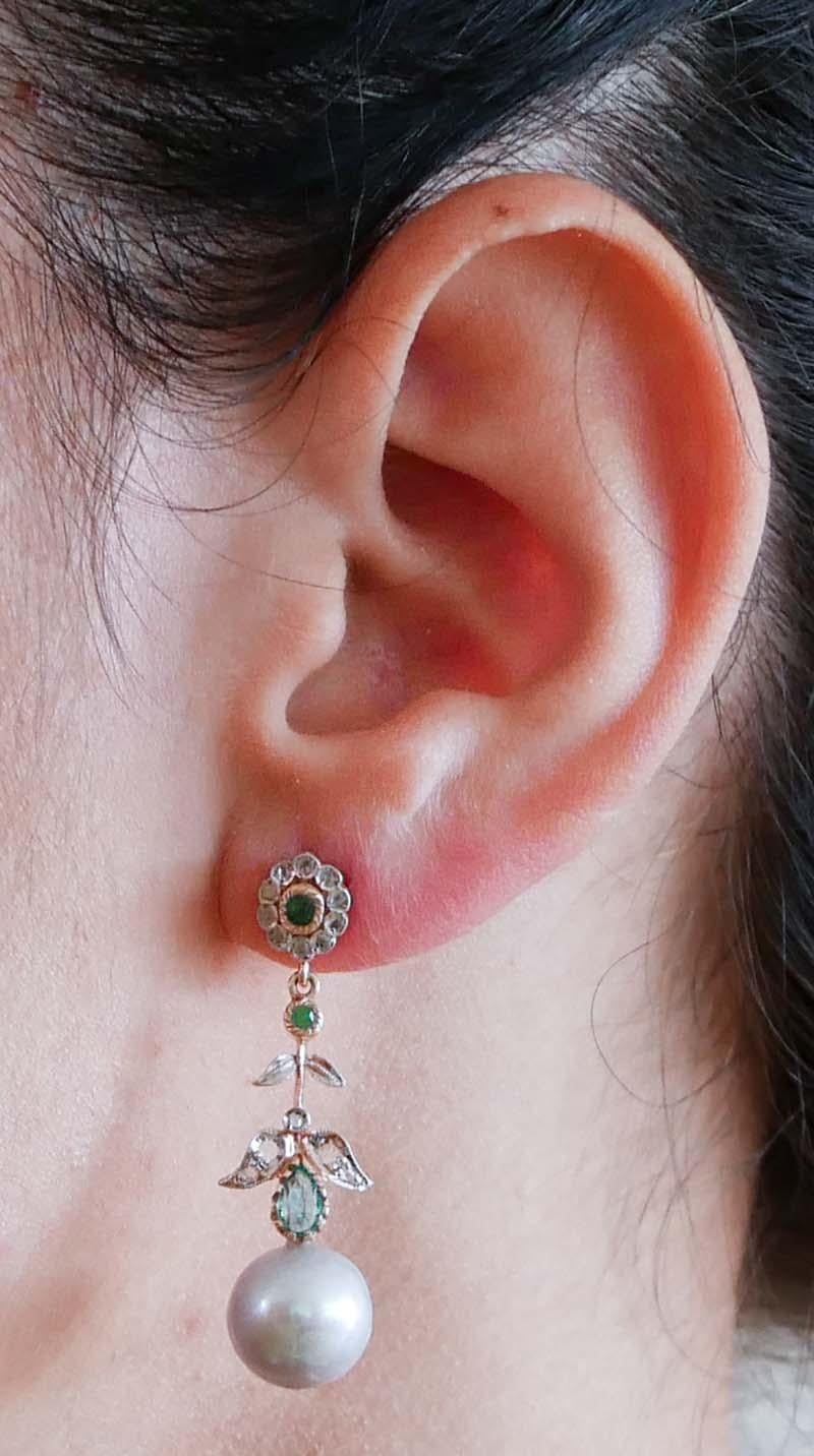 Grey Pearls, Emeralds, Diamonds, Rose Gold and Silver Earrings. In Good Condition For Sale In Marcianise, Marcianise (CE)
