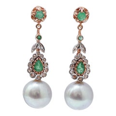 Grey Pearls, Emeralds, Diamonds, Rose Gold and Silver Earrings. Grey Pearls, Emeralds, Diamonds, Rose Gold and Silver Earrings.
