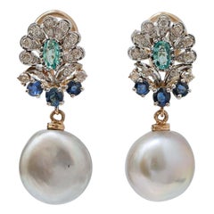Grey Pearls, Emeralds, Sapphires, Diamonds, 14 Kt  Gold  Earrings.