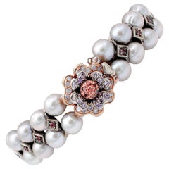Grey Pearls, Rubies, Colored Stones, 9 Karat Rose Gold and Silver Bracelet