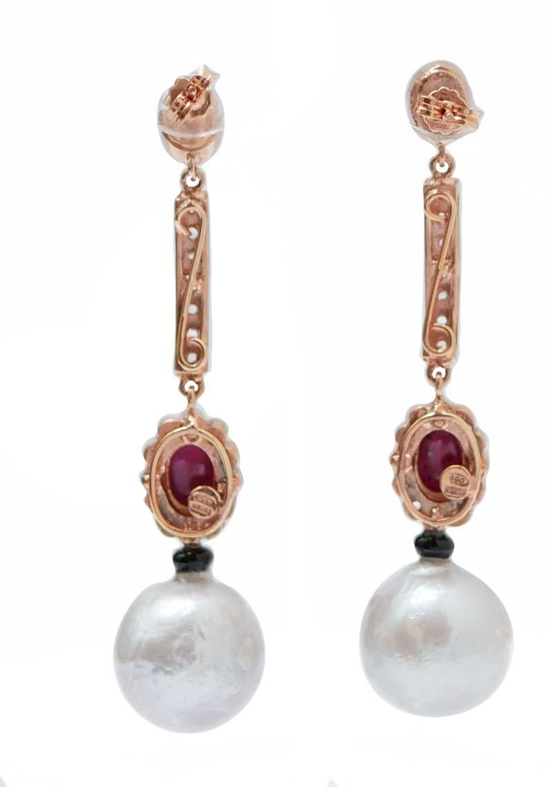Retro Grey Pearls, Rubies, Onyx, Diamonds, Rose Gold and Silver Earrings. For Sale