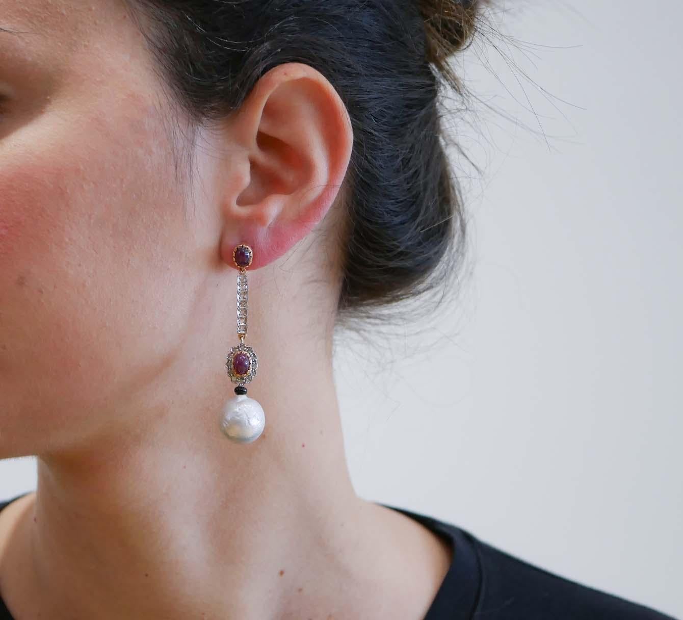 Mixed Cut Grey Pearls, Rubies, Onyx, Diamonds, Rose Gold and Silver Earrings. For Sale