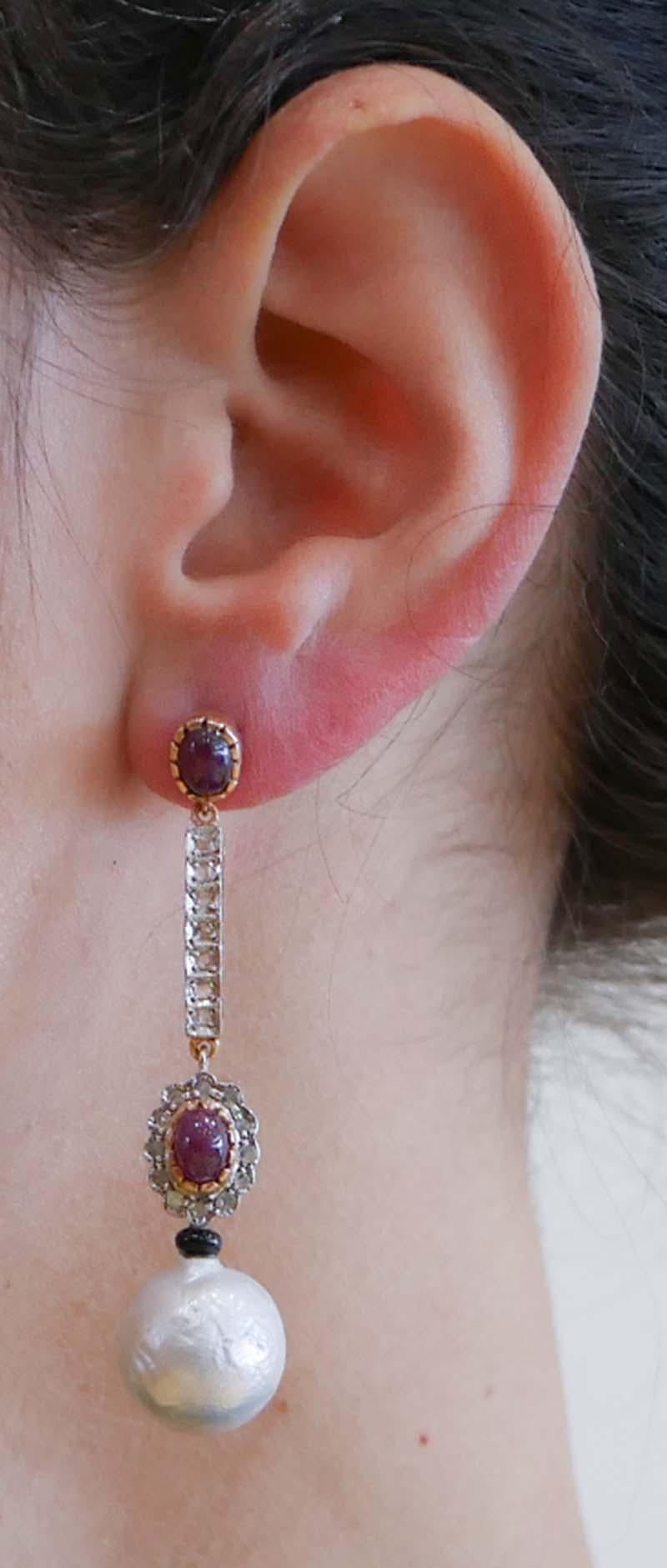 Grey Pearls, Rubies, Onyx, Diamonds, Rose Gold and Silver Earrings. In Good Condition For Sale In Marcianise, Marcianise (CE)