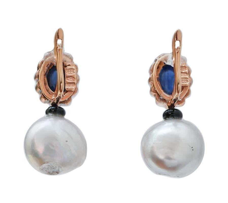 Rétro Perle grigie, zaffiri, diamanti, orecchini in oro rosa e argento. in vendita