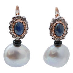 Grey Pearls, Sapphires, Diamonds, Rose Gold and Silver Earrings.