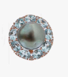 Grey Pearls, Topazs, Diamonds, 14 Karat Rose Gold Earrings.