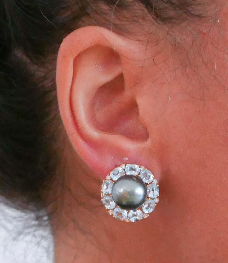 Grey Pearls, Topazs, Diamonds, 14 Karat Rose Gold Earrings. In Good Condition For Sale In Marcianise, Marcianise (CE)