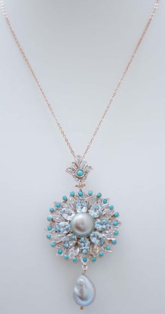 Grey Pearls, Topazs, Diamonds, Turquoise, Rose Gold and Silver Pendant Necklace.