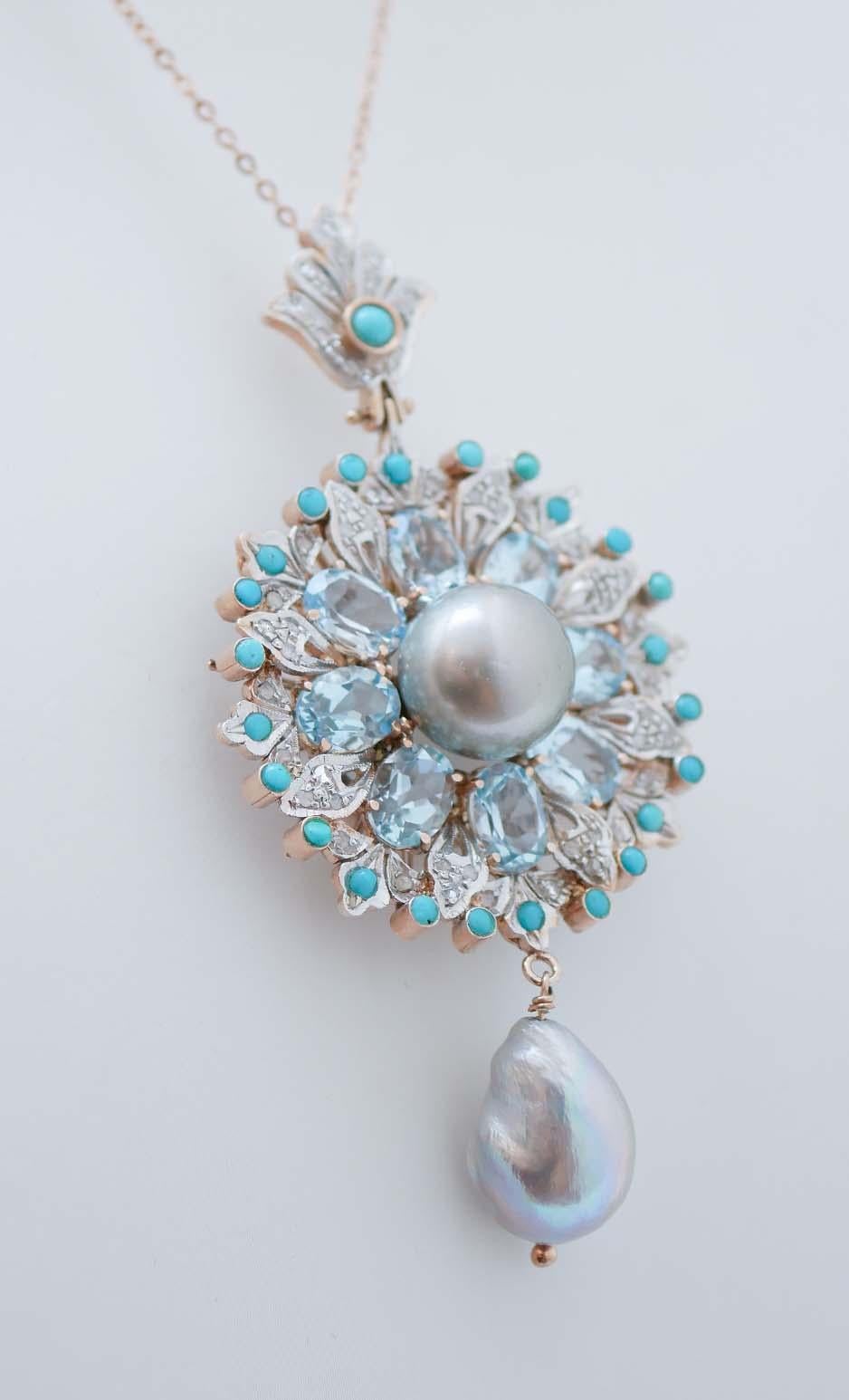 Retro Grey Pearls, Topazs, Diamonds, Turquoise, Rose Gold and Silver Pendant Necklace. For Sale
