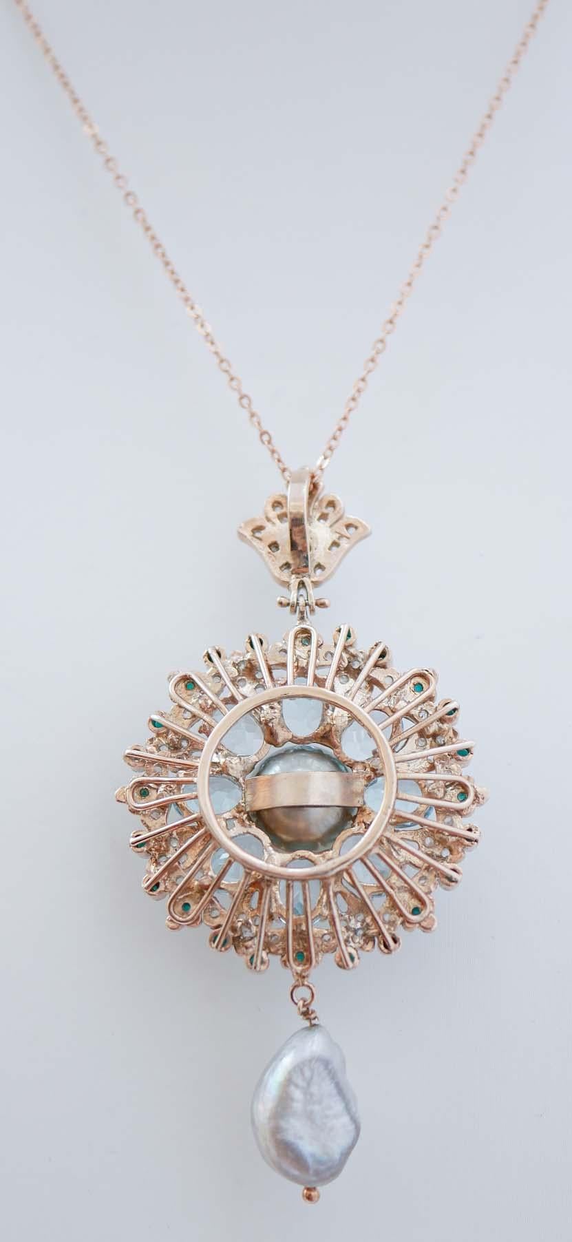 Mixed Cut Grey Pearls, Topazs, Diamonds, Turquoise, Rose Gold and Silver Pendant Necklace. For Sale
