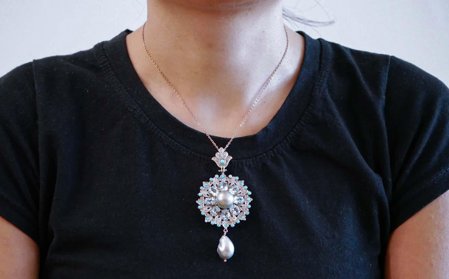 Grey Pearls, Topazs, Diamonds, Turquoise, Rose Gold and Silver Pendant Necklace. In Good Condition For Sale In Marcianise, Marcianise (CE)