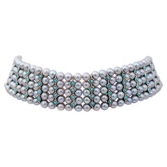 Grey Pearls, Turquoise, Rose Gold and Silver Beaded Chocker Necklace