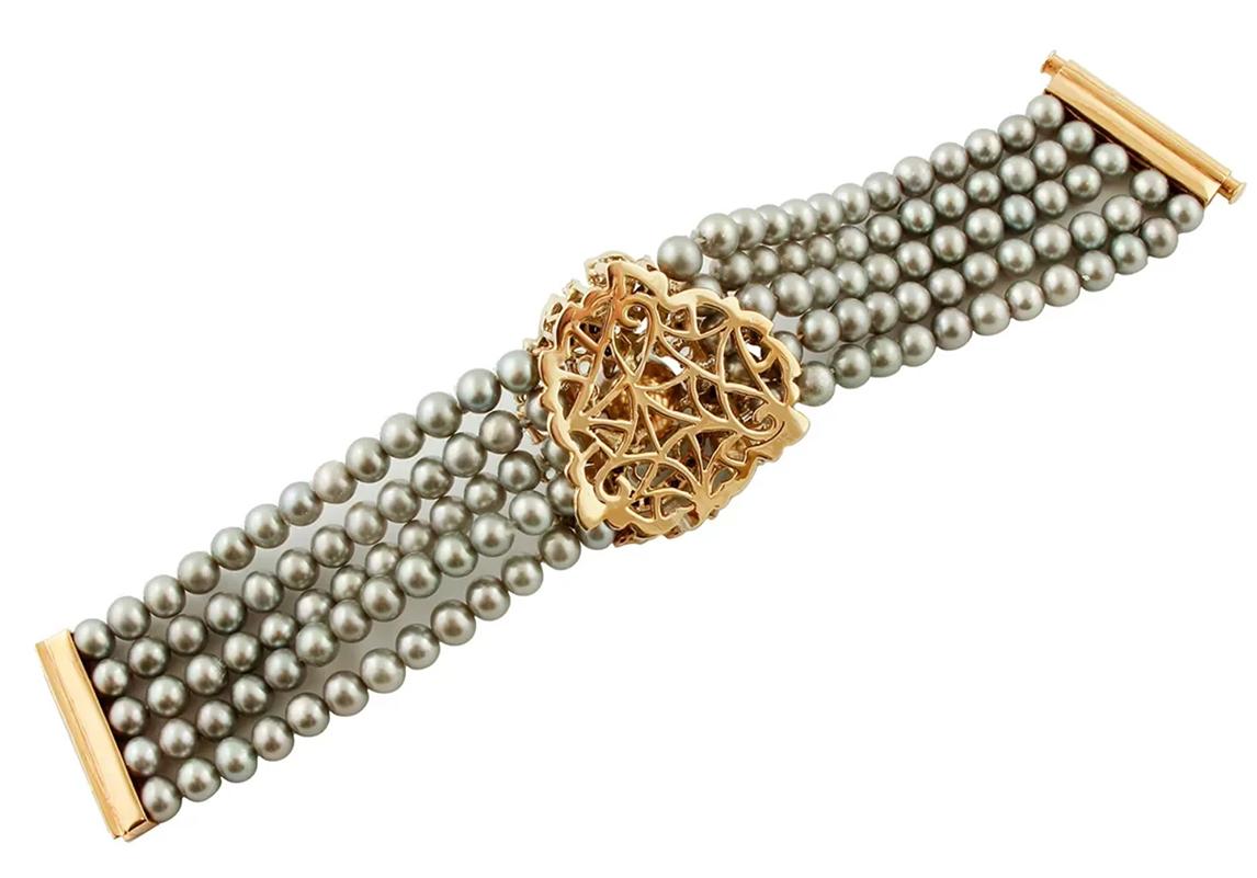 Retro Grey Pearls, Black and White Diamonds, Aquamarine, 14 Kt  Gold Beaded Bracelet