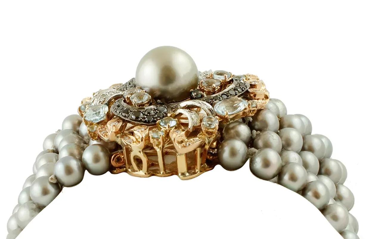 Mixed Cut Grey Pearls, Black and White Diamonds, Aquamarine, 14 Kt  Gold Beaded Bracelet
