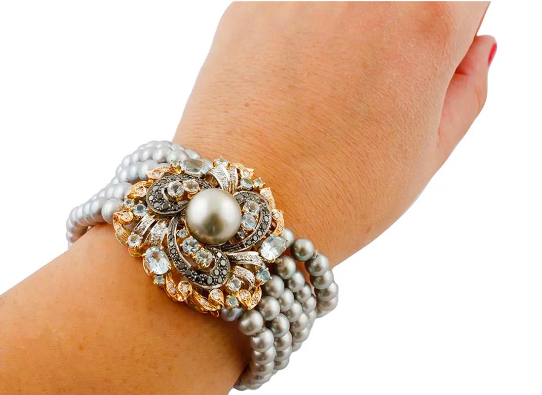 Women's Grey Pearls, Black and White Diamonds, Aquamarine, 14 Kt  Gold Beaded Bracelet