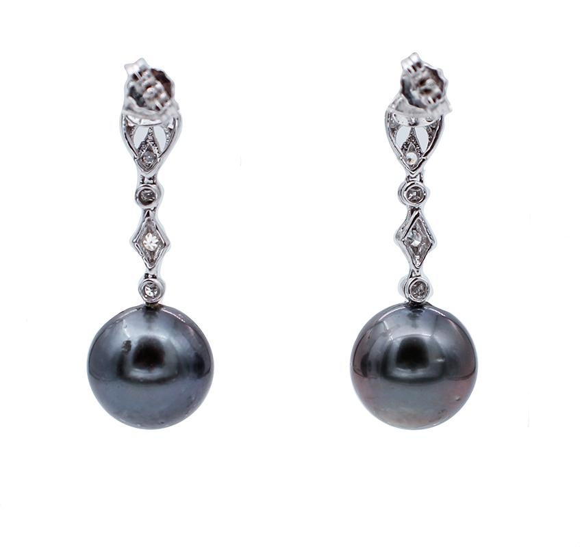 Retro Grey Pearls, Diamonds, 14 Karat White Gold Dangle Earrings