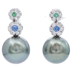 Grey Pearls, Sapphires, Emeralds, Diamonds, 14 Karat White Gold Earrings