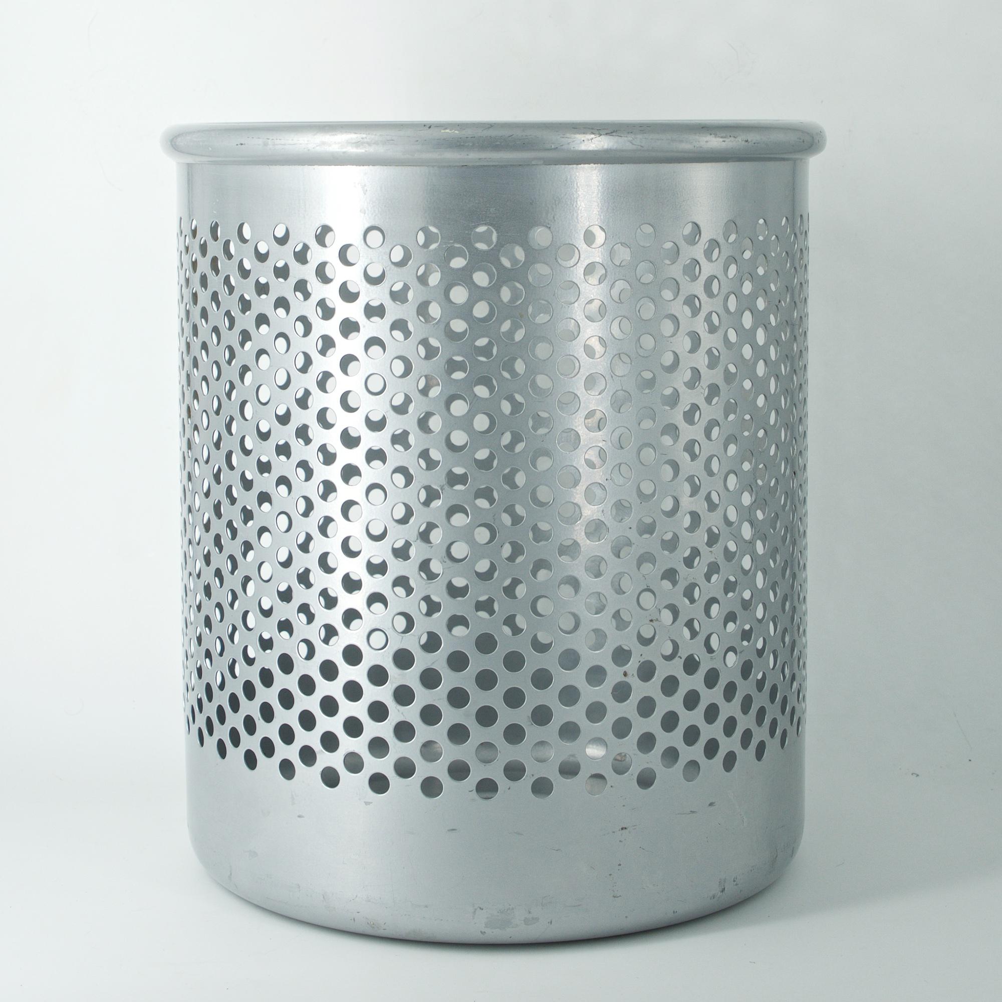 Mid-Century Modern Grey Perforated Metal Office Wastebasket Trash Can Italy Memphis Sottsass OSX