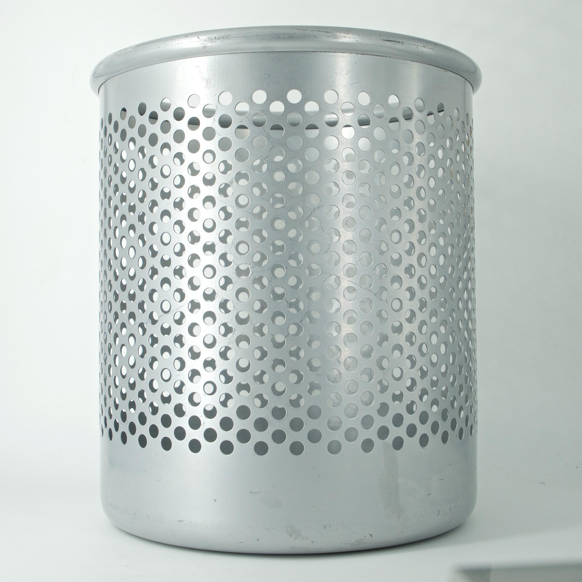 Enameled Grey Perforated Metal Office Wastebasket Trash Can Italy Memphis Sottsass OSX